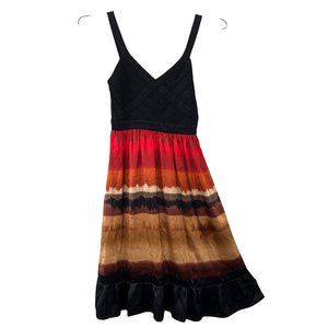 Bebe Babydoll Dress sz XS Black Orange Rust Brown Fall Colors Watercolor Peplum